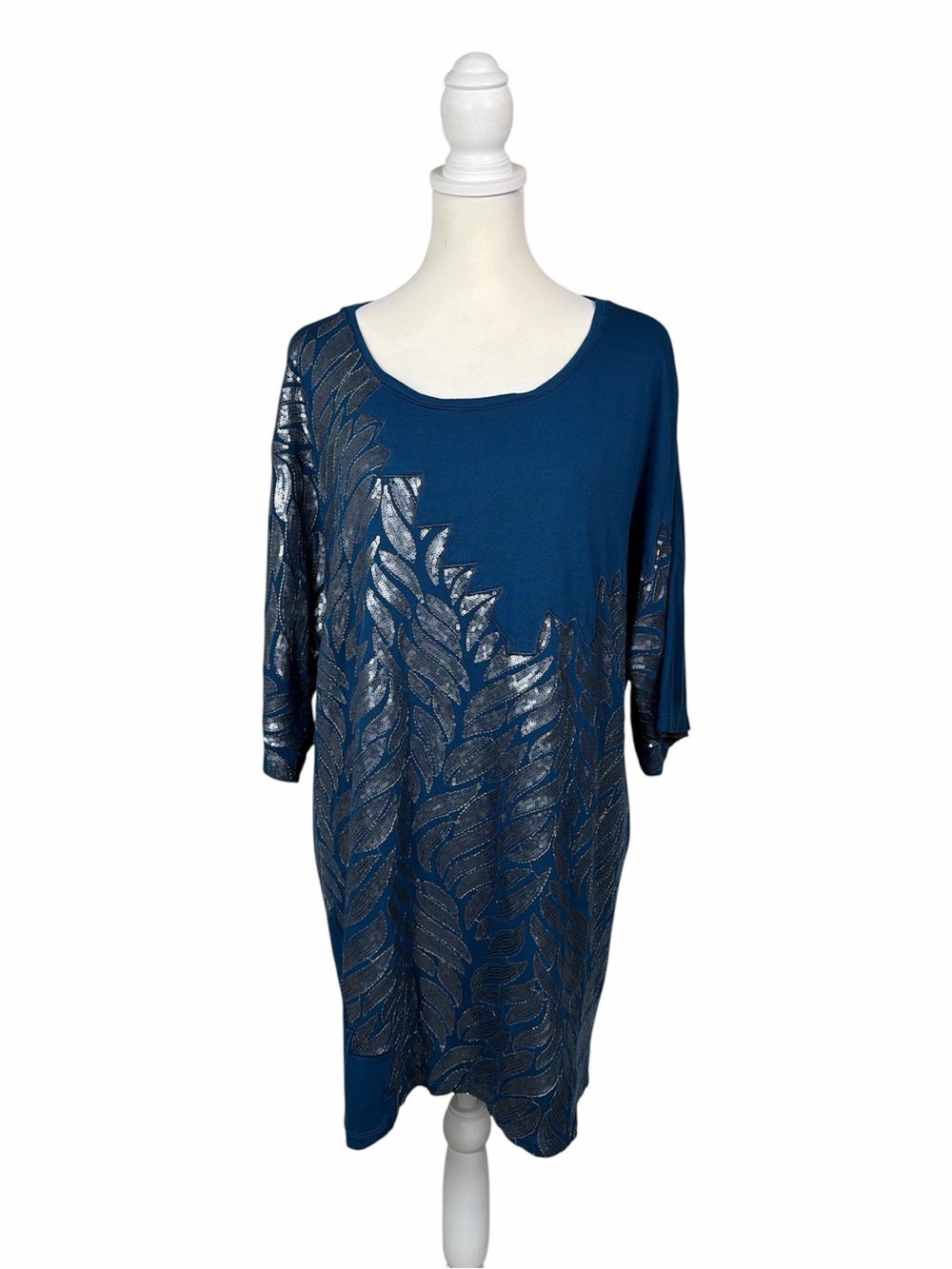 KZ by Karen Zambos Sequined Leaf Print Tunic Blue Metallic Art To Wear Large